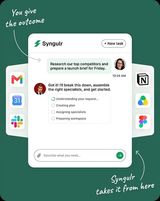 A Syngulr chat where the request 'Research our top competitors and prepare a launch brief for Friday' is answered with a plan being drawn up.